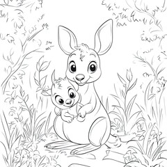 Kangaroo Mother and Joey Coloring Page Australian Wildlife Illustration