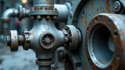 Close-up industrial equipment with metal pipes showing signs of wear.