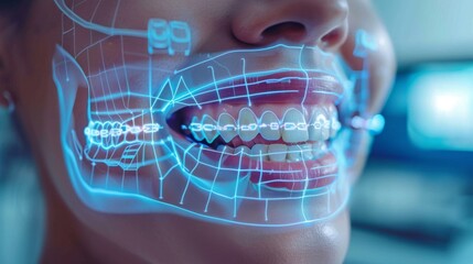 A person displays a bright smile while a digital overlay of braces and jaw structure is shown, indicating the use of innovative dental technology during a consultation in a clinic.