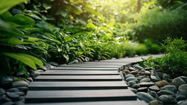 A winding path of wooden planks leads through vibrant greenery and smooth pebbles in a peaceful garden setting
