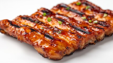 Grilled meat dish with a glossy glaze and green onion garnish.