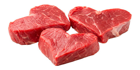 Heart-shaped raw red meat chunks, isolated on a transparent background, showcasing their rich color and texture.