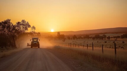 A tractor drives along a dusty road at sunset, highlighting rural agricultural life.