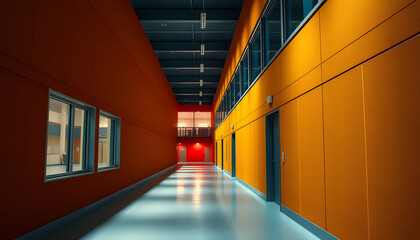 Modern Orange Corridor Interior with Bright Lighting