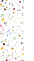 Border made of watercolor wild flowers and leaves, wedding and greeting isolated illustration