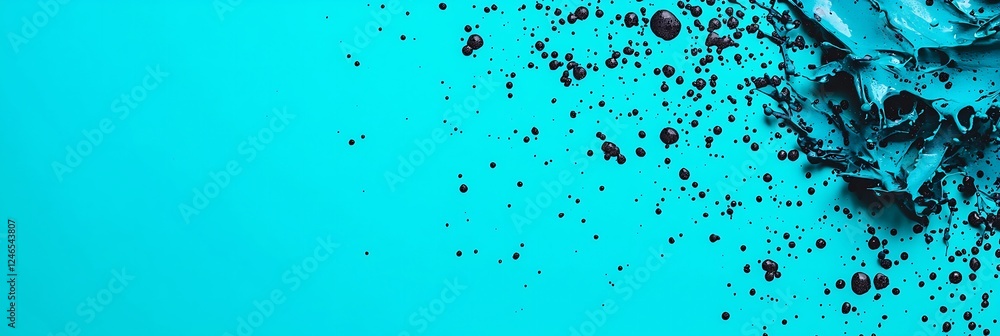Poster a vibrant turquoise background with scattered dark particles, creating a striking contrast and an ab