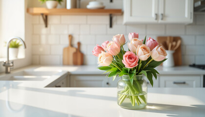 Elegant bouquet of roses and tulips on kitchen counter, floral beauty