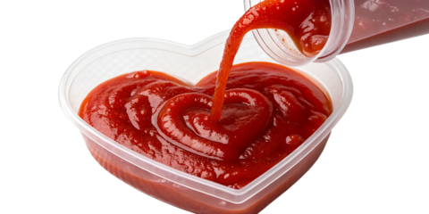 A heart-shaped dollop of ketchup, isolated on a transparent background, with its vibrant red color and smooth texture.
