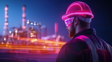 A worker in a neon helmet stands against an industrial backdrop, illuminated by vibrant lights, symbolizing innovation and safety in the workplace.