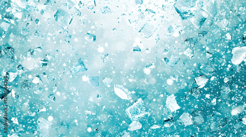 Poster crushed ice scattered on a turquoise background with sparkling highlights and texture.