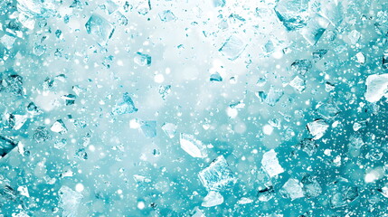 Crushed ice scattered on a turquoise background with sparkling highlights and texture.