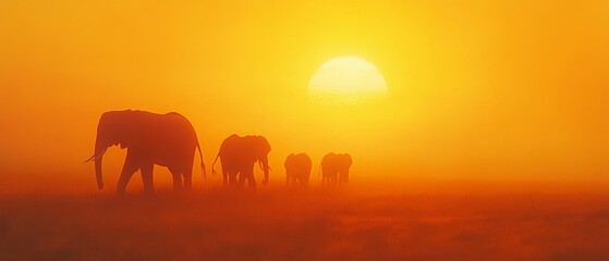 A majestic elephant herd makes its way across a sunlit savanna, captured against the backdrop of a brilliant orange sunset.