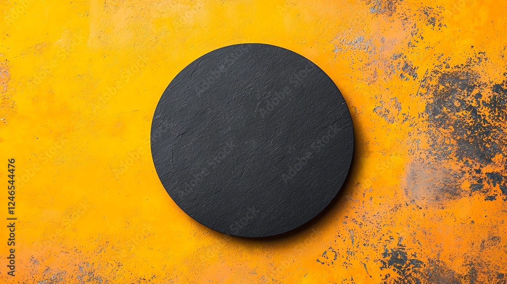 Poster a round, black object rests on a vibrant, textured orange surface, creating a striking contrast in c
