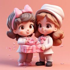 Cute 3D Clay Boy and Girl with Gift on Pink Background