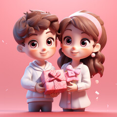 Cute 3D Clay Boy and Girl with Gift on Pink Background