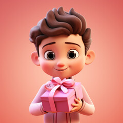 Cute Clay Boy Holding Gift on Pink Background