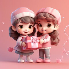 Cute 3D Clay Boy and Girl with Gift on Pink Background