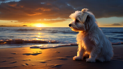 Little White Dog Watching Ocean Sunset