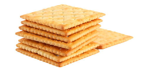 A stacked pile of crispy saltine crackers, isolated on a transparent background.