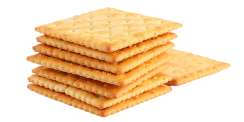 A stacked pile of crispy saltine crackers, isolated on a transparent background.