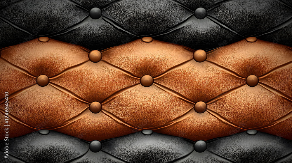 Poster brown and black tufted leather background with round buttons and textured surface.