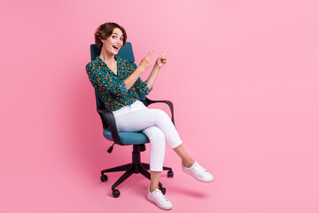Full body photo of young sales manager woman sit on chair at office recommend visit distribution...