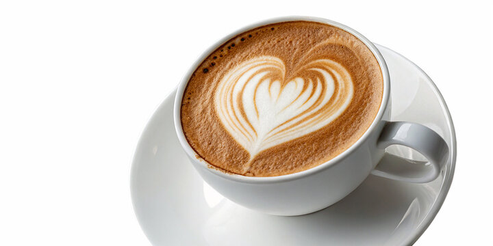 A top-view of a white cup filled with a beautifully crafted heart-shaped latte art design on creamy, frothy coffee.