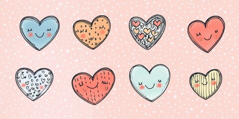 Colorful doodle hearts with cute faces on pink background