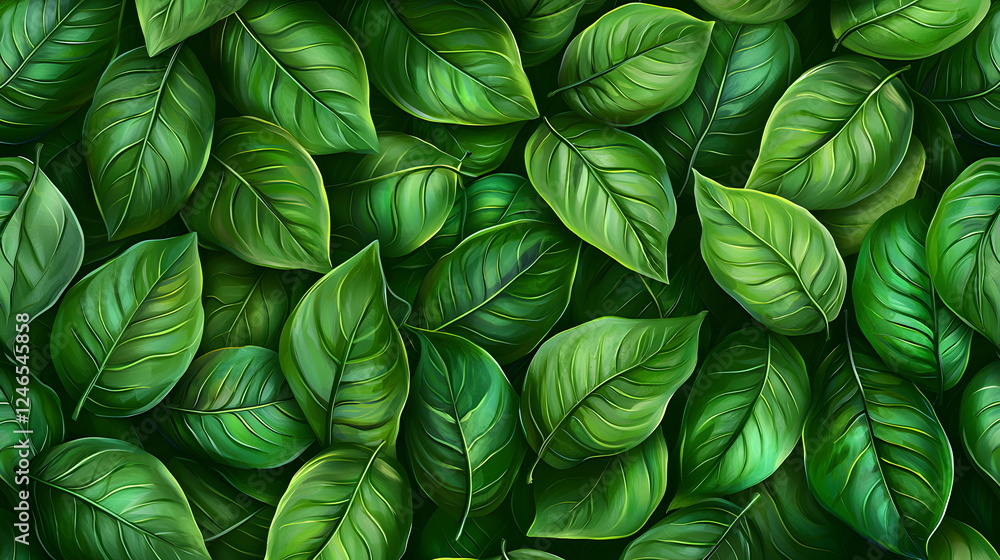 Poster lush green leaves with various shapes and sizes forming a dense natural background pattern.