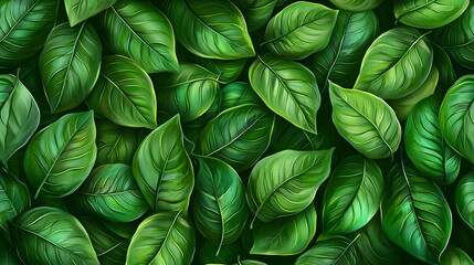Fototapeta premium Lush green leaves with various shapes and sizes forming a dense natural background pattern.