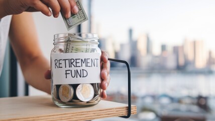 Retirement saving stress free concepts. A hand places cash into a jar labeled "Retirement Fund" with a city skyline in the background.