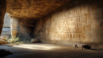 Fototapeta premium Exploring the Serene Beauty of a Bench Nestled in a Frozen Glacier Cave Surrounded by Unique Rock Formations