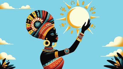 Traditional African beautiful black girl holds the sun digital painting artwork on blue background illustration 