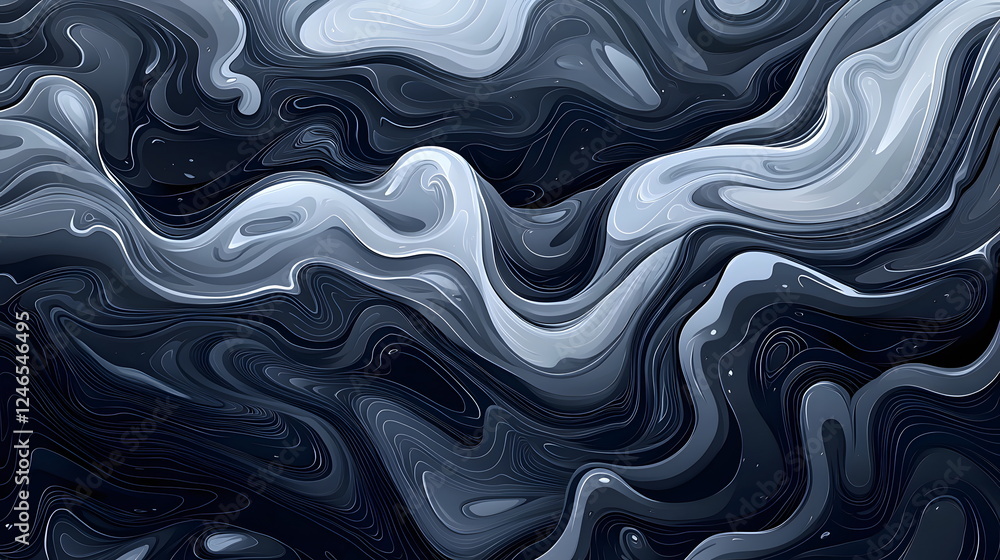 Poster abstract swirling patterns in monochromatic shades of gray and white with smooth textures and fluid 