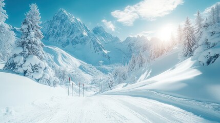 Fototapeta premium Snowy Mountain Vista: A Winter Wonderland Ski Slope