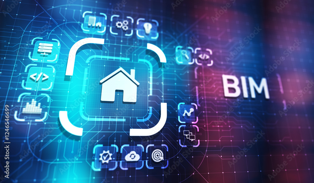 Poster bim building information modeling technology concept on virtual screen.