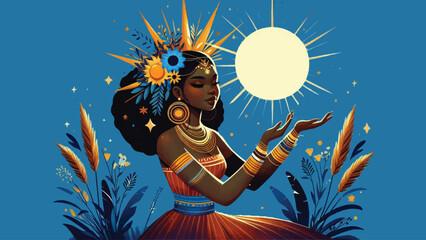 Traditional African beautiful black girl holds the sun digital painting artwork on blue background illustration 
