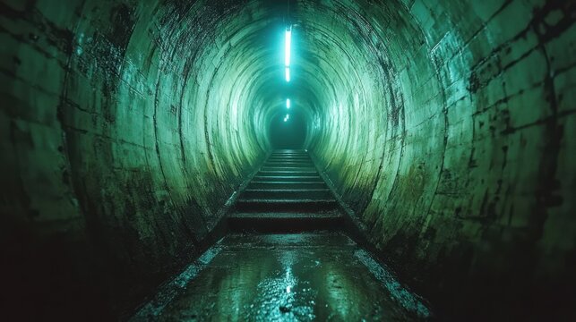 Fototapeta Green tunnel stairs, neon light, damp walls, mystery