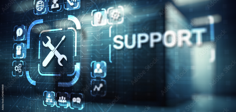 Poster Support button on virtual screen. Customer service and communication concept.