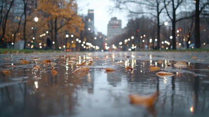 Autumn rain reflects city lights on wet pavement.  Use Website background
