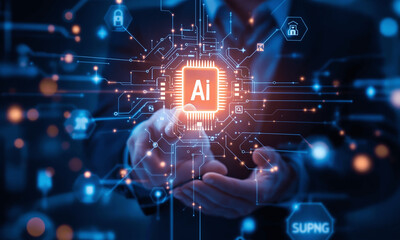 Futuristic ai technology with businessman interacting with holographic interface, glowing chip icon, and digital network connections in a high-tech corporate setting

