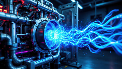 A futuristic industrial machine with vibrant energy streams.