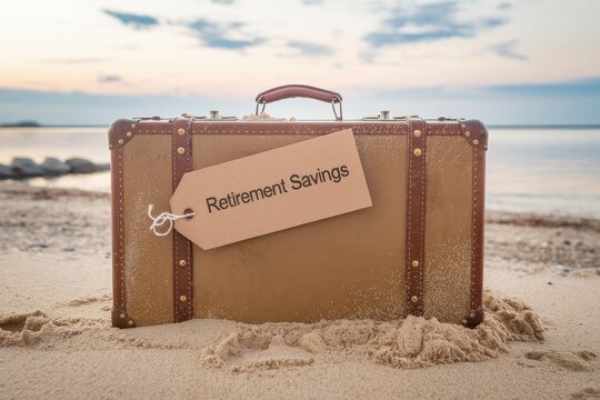 Retirement saving stress free concepts. Retirement savings suitcase on a sandy beach at sunset.