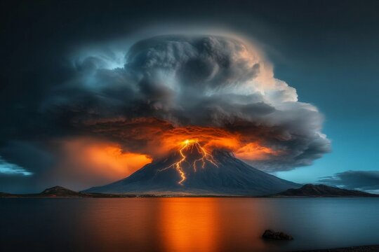 A dramatic thunderstorm rolling over an island, with dark clouds and lightning illuminating the landscape