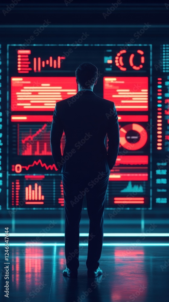 Poster a professional man observes data analytics on a high-tech dashboard, reflecting the future of busine