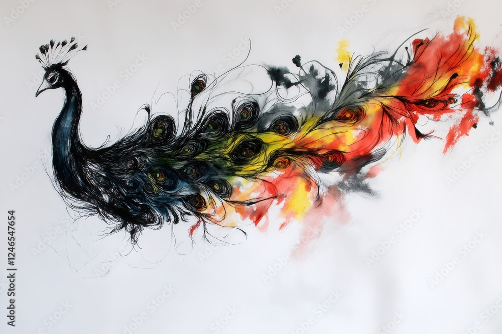Poster artistic representation of a peacock with colorful feathers, created using ink and watercolor techni