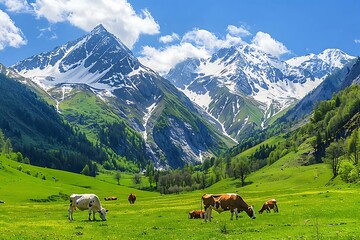 Obraz premium Cows grazing on the green meadow against the background of mountains