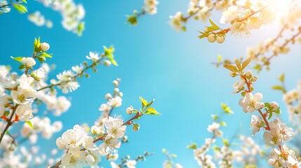 White plum blossom on blue sky background, blooming white flowers