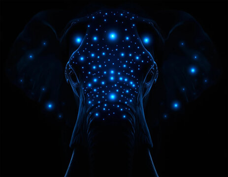 an elephant with a black background and a blue background with white dots on it s trunk and trunk