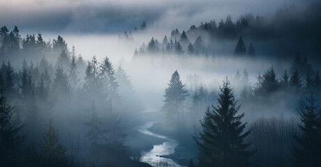 Mystical fog covering a dense forest in the early morning. Tall trees fade into the mist, creating a peaceful and atmospheric scene. The soft light and dreamy haze make this perfect for nature, travel